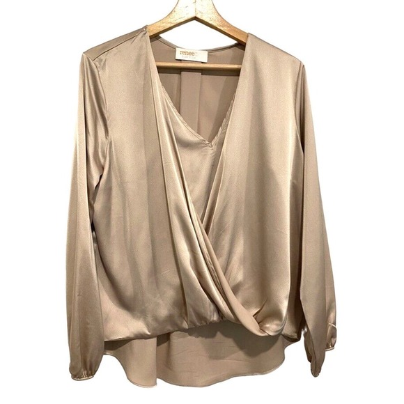Renee C - Made in USA beige faux wrap satin blouse women's size large - Picture 1 of 5